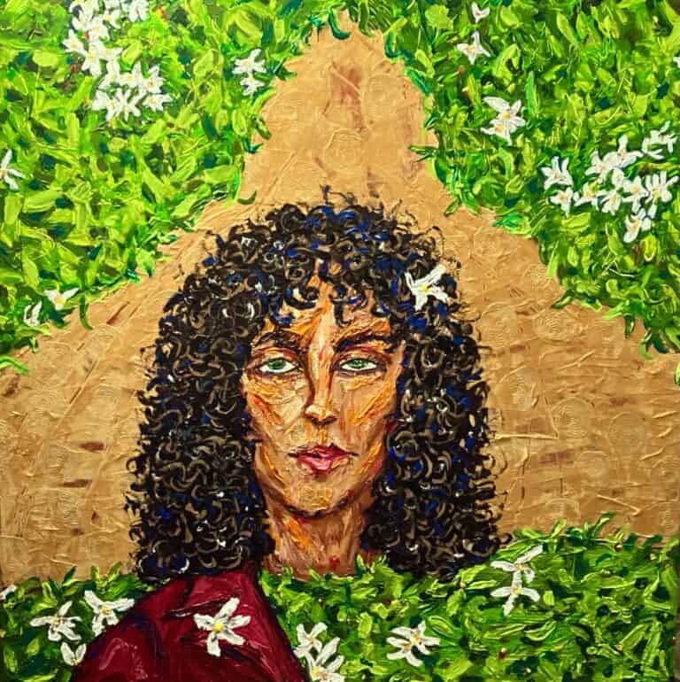 Painting of dark-haired woman against a setting of grass and earth.