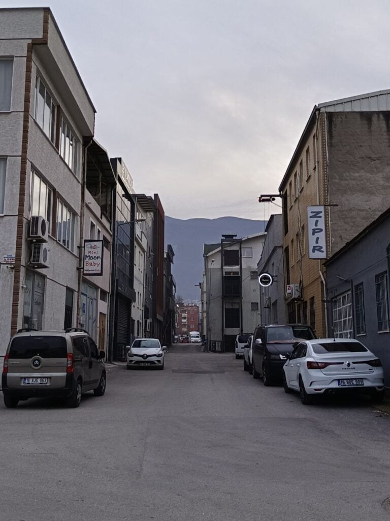 Photo of a city street in Turkey with mountains in the background.