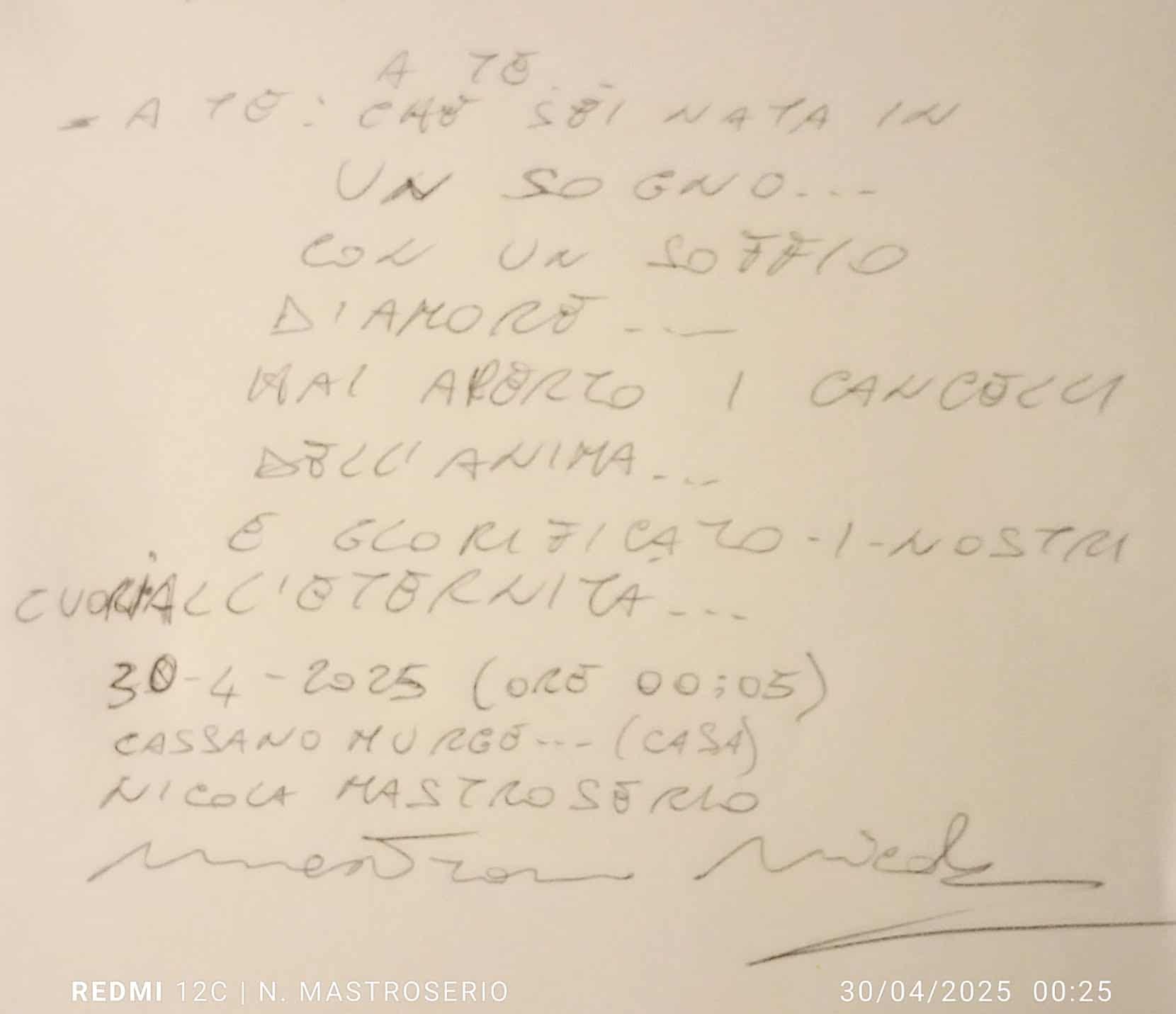 Hand written poem - To You by Nicola Mastroserio