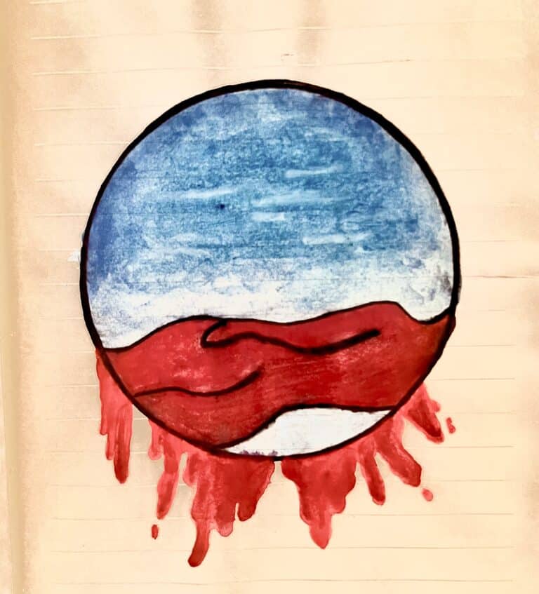 Red painted body within a circle