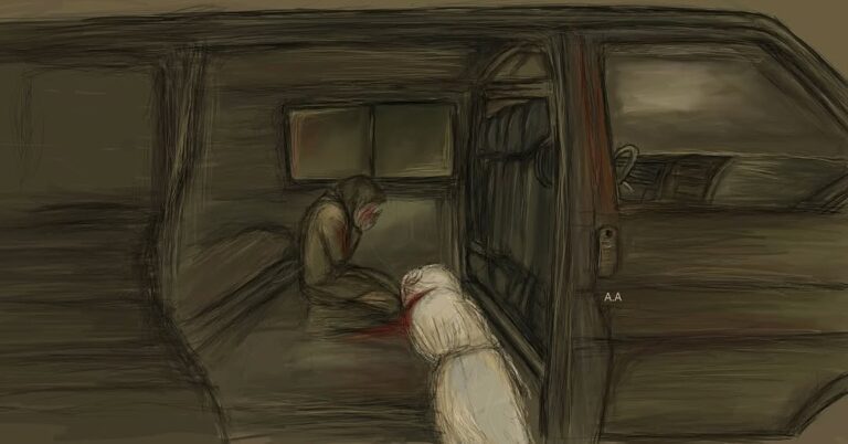 Woman in an ambulance hiding her face as if in tears with a bloody corpse in front of her.
