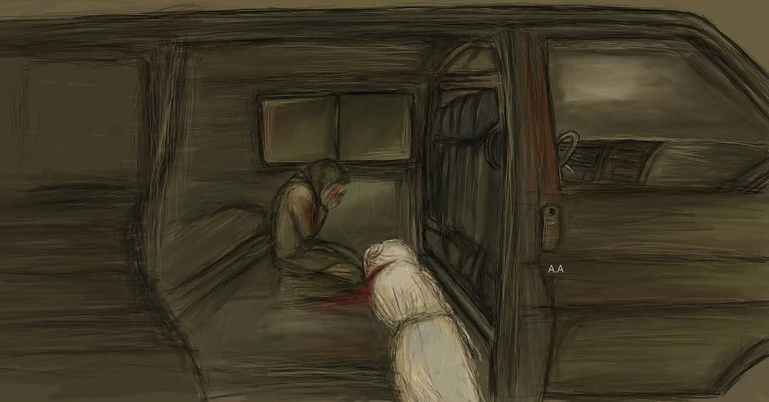 Woman in an ambulance hiding her face as if in tears with a bloody corpse in front of her.