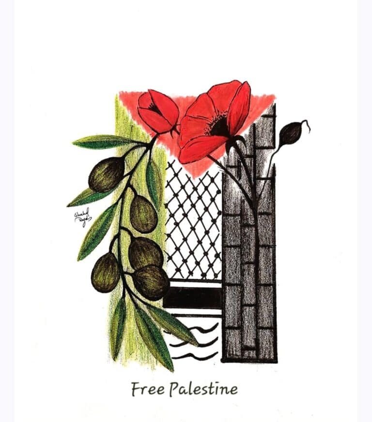 Picture of a window with a kaffiyeh, a watermelon slice, and an olive branch