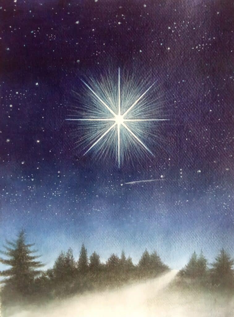 bright start in the night sky with a forest below