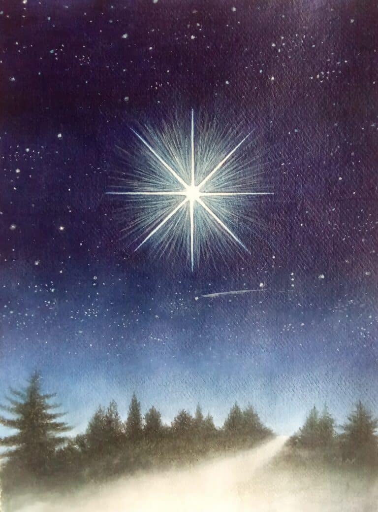 bright start in the night sky with a forest below