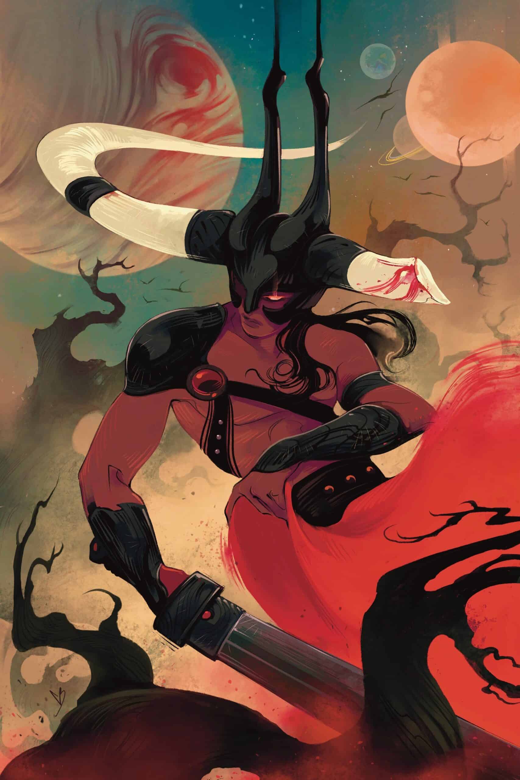 Fantasy figure with horns like a bll. One horn is broken with a bit of blood on the cut. Planets and stars are in the background.